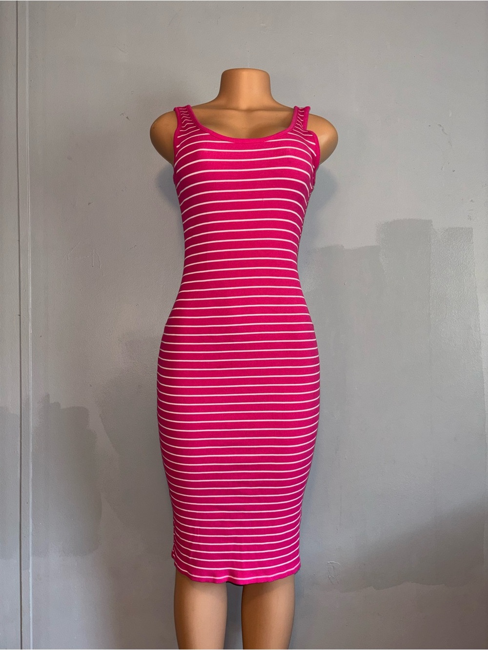Ambiance Fuchsia and White Striped Ribbed Tank Midi Dress